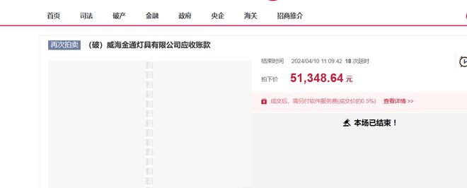 山東威海一燈具廠破產(chǎn)1384萬應收款拍賣被人5萬元就拿下(圖1)